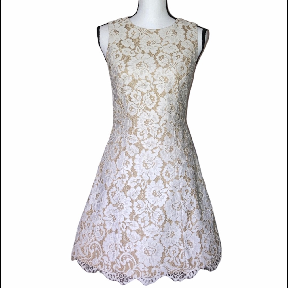 Alice + Olivia Cream and Nude Lace Midi Dress